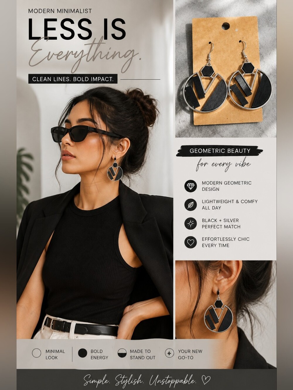 Black & Silver Geometric Statement Earrings | Modern Wood Dangle Earrings